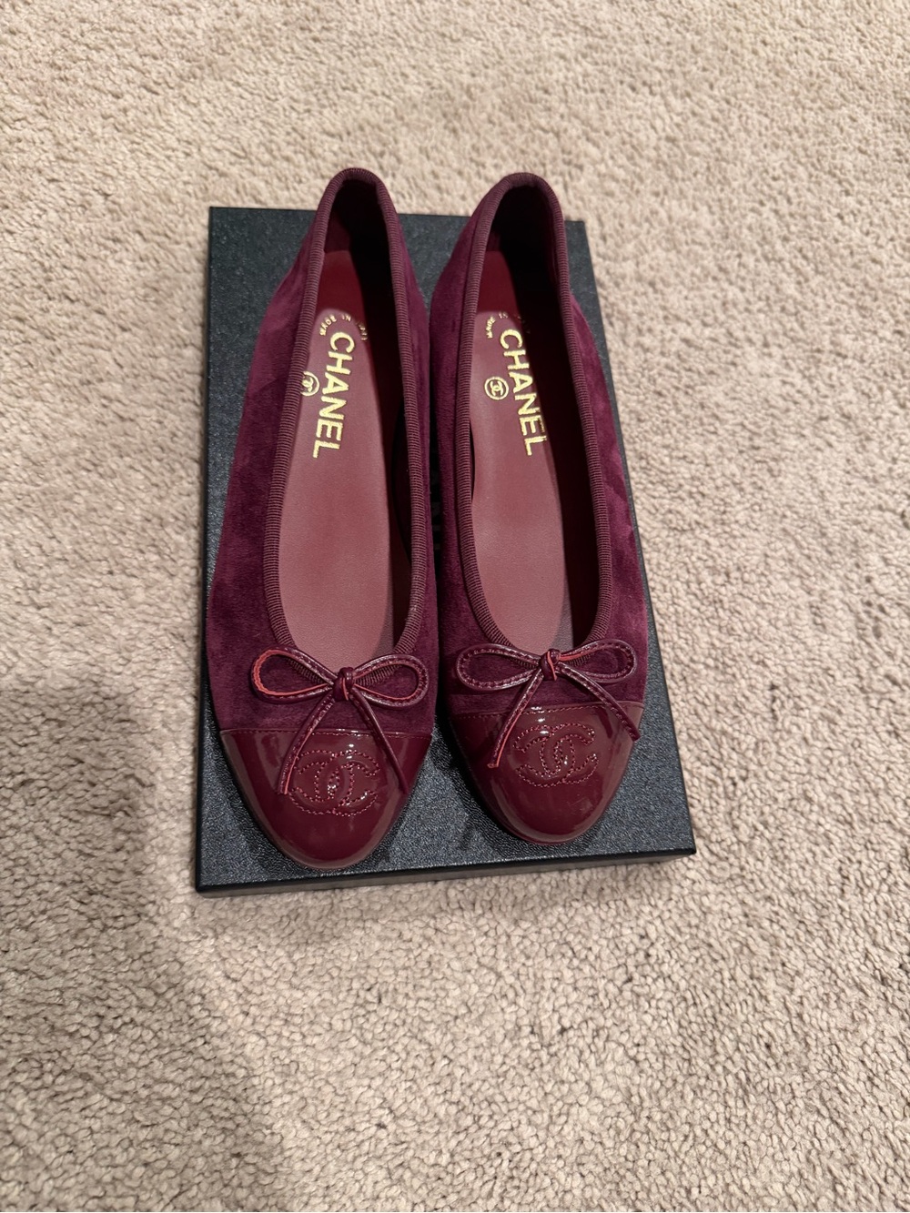 CHANEL Burgundy Suede & Patent Leather Bow Ballet Flats